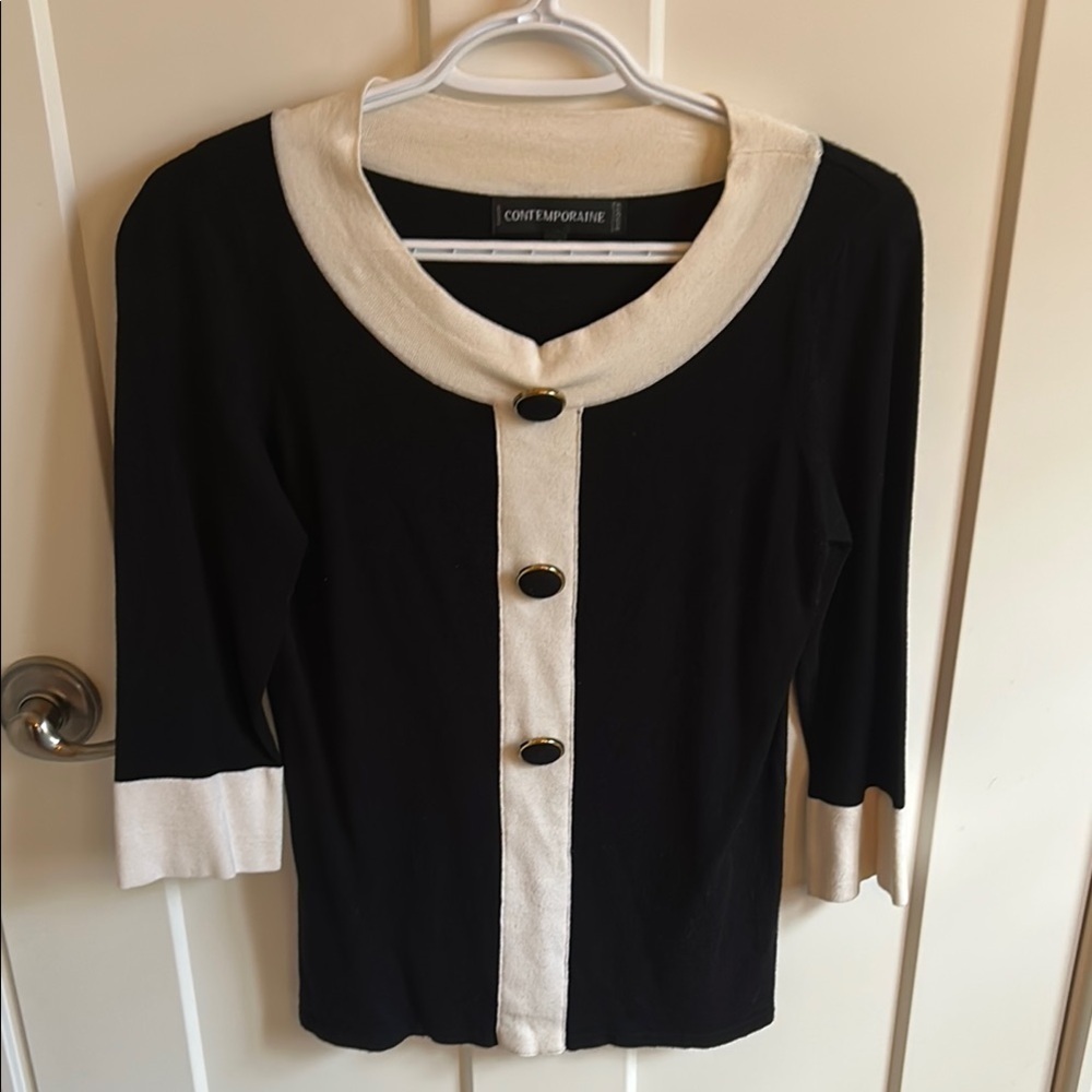 Contemporaine by Simons Black and Cream Button Front 3/4 Sleeve Sweater, size S